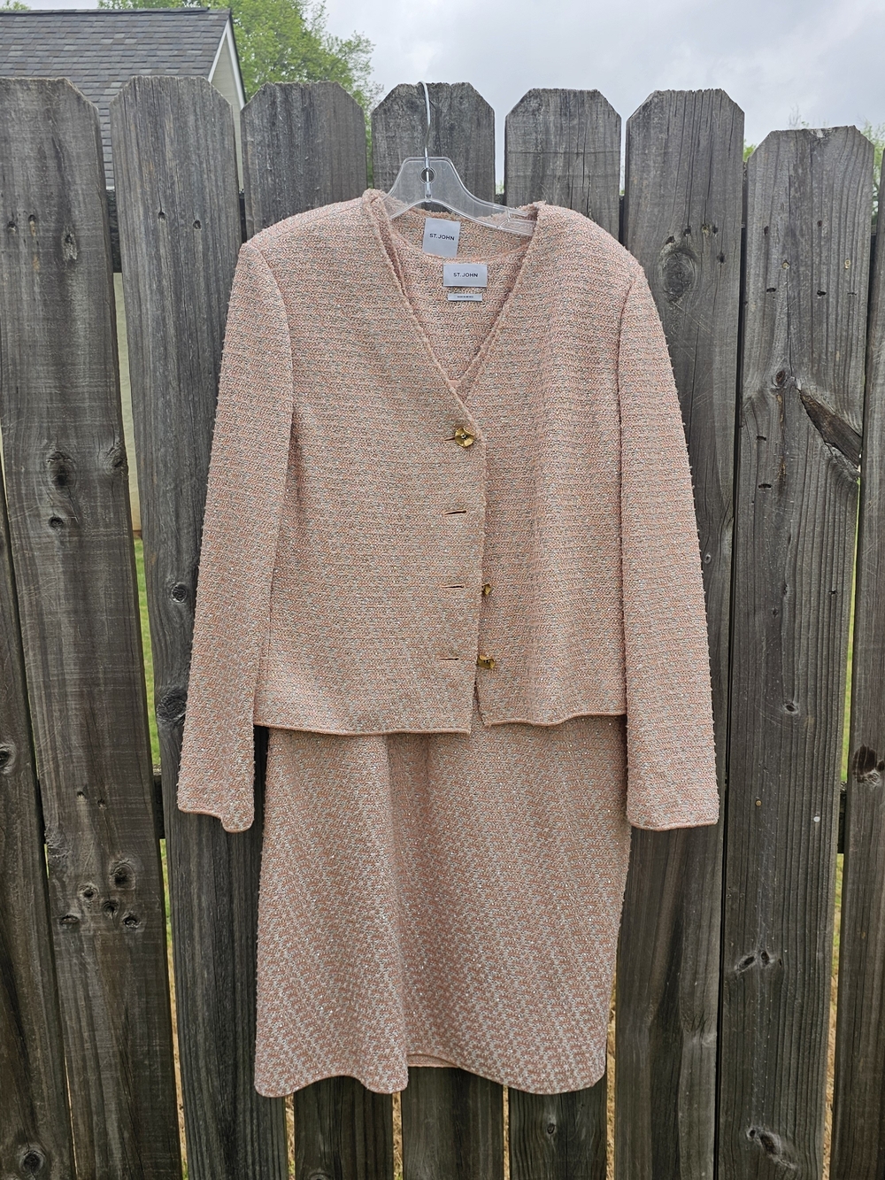 St. John Sequin-Embellished Tweed Jacket & Dress Set in Blush Pink Size 14 - Picture 14 of 14